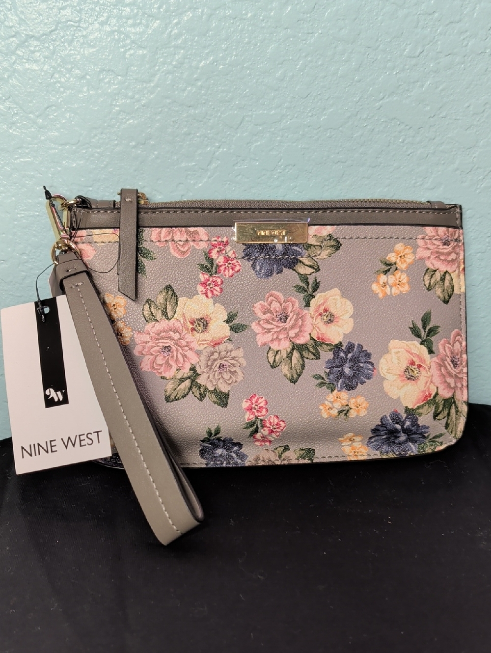 Nine West Gray Floral Wristlet Clutch with Pink and Blue Blooms